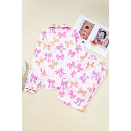 Pink Striped Bow Print Contrast Piping Trim Shirt and Pants 2pcs Pajama Set