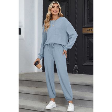 Dusk Blue Solid Color Ribbed Loose Long Sleeve Top Casual Pant Set