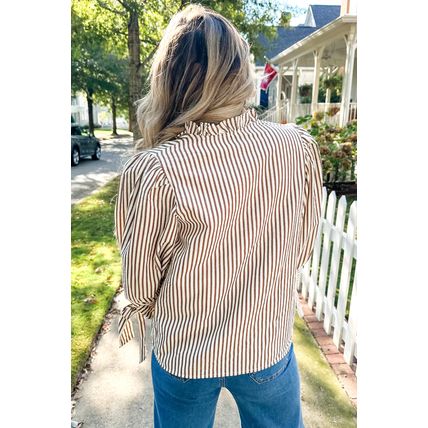 Straw Yellow Striped Print Tied Cuffs Split Neck Seersucker Blouse