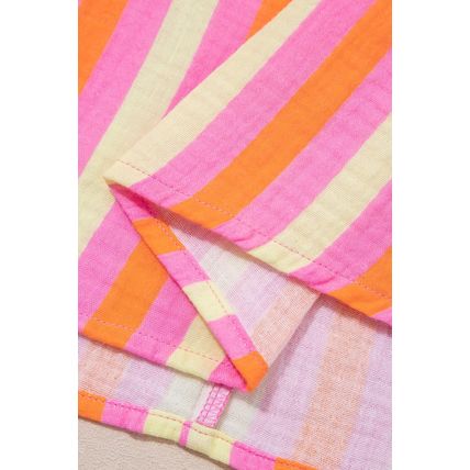 Pink Stripe Crinkled Half Buttons V Neck Plus Size Blouse