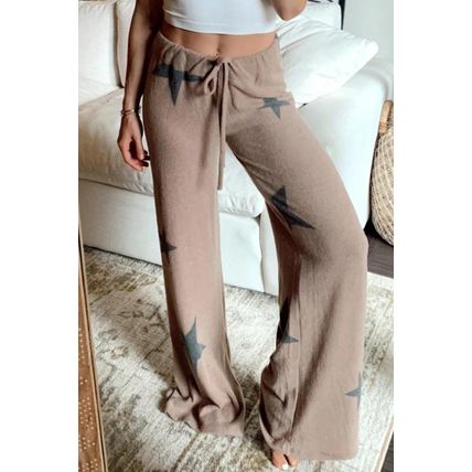 Khaki Retro Star Print Loose Long Sleeve Drawstring Wide Leg 2pcs Lounge Set