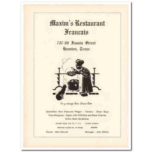 maxims restaurant francais 1953 max manuel ahepa houston vintage ad