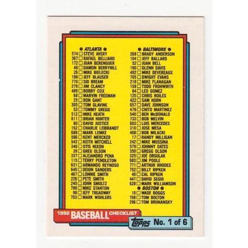 1992 Topps Baseball Checklist unmarked card #131