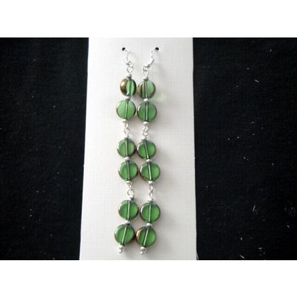 Unique handmade bronze dipped green crystal glass long dangle earrings
