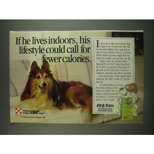 1985 Purina Fit & Trim Ad - indoors his lifestyle could call for fewer calories