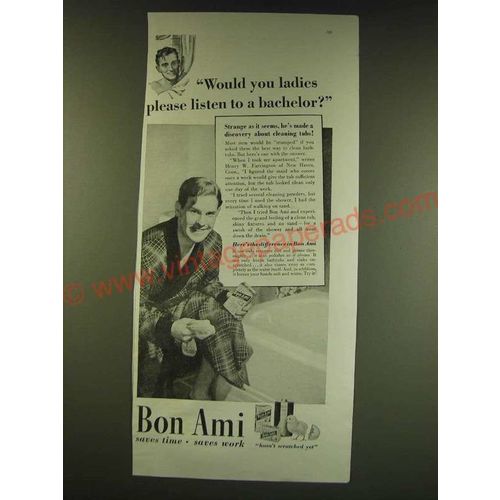 1938 Bon Ami Cleaner Ad - Would you ladies please listen to a bachelor?