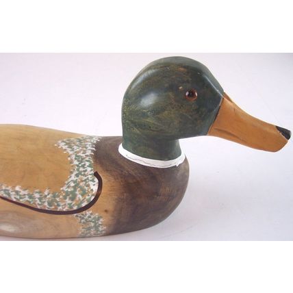 Vintage Solid Wood Hand Painted Drake Mallard Duck Decoy 15-3/4"