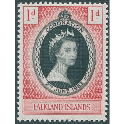 Falkland Islands 1953 1d black & scarlet Coronation SG 186 unused