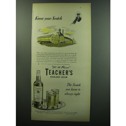 1949 Teacher's Highland Cream Scotch Advertisement - Know your Scotch