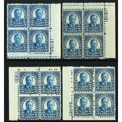 637, Mint NH 5¢ Four Plate Blocks CV $70.00 - Stuart Katz