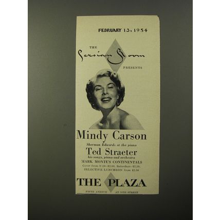 1954 The Plaza Hotel Ad - The Persian Room presents Mindy Carson