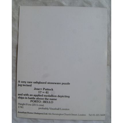 old postcard A Very Rare Saltglazed Stoneware Puzzle Jug Incised, J Horne
