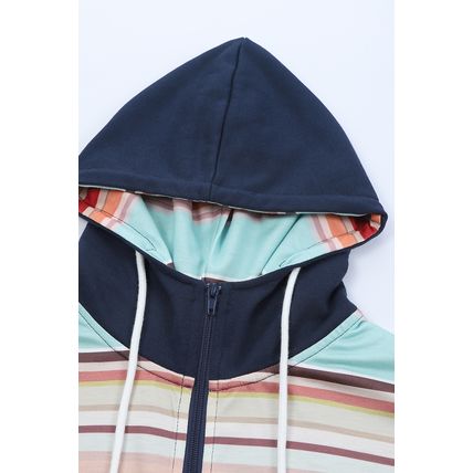 Blue Striped Color Block Thumbhole Sleeve Full Zip Hoodie