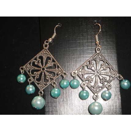 Beautiful mint blue Tibetan Asian style large square swing earrings