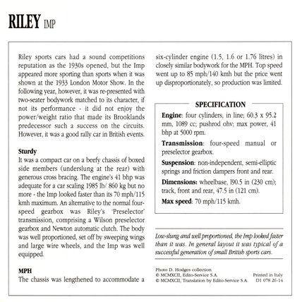 Collectors Club card. Classic Cars. Riley Imp