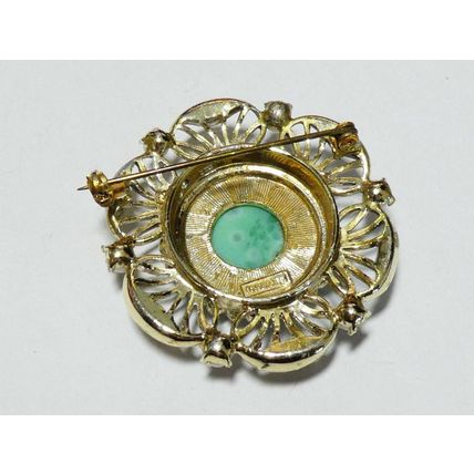 VINTAGE Rare Signed Exquisite Pearl & Pressed Floral Green/Peking Glass BROOCH