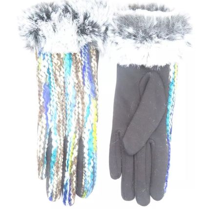 Ladies Gloves Stripy Black, Blue & Green Faux Fur Trim Accessory 26.5 CM