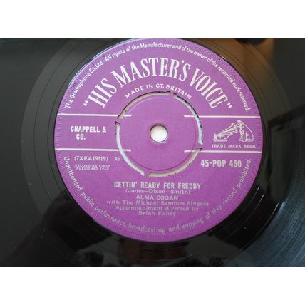7" 1958. ALMA COGAN . SUGARTIME 45.-POP 450, GETTIN READY FOR FREDDY. NEAR MINT