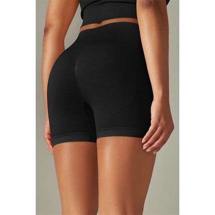 Black Solid Color High Waist Tummy Control Active Shorts