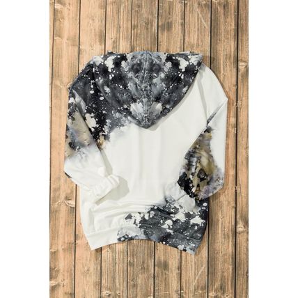 Gray Bleached Tie Dye Kangaroo Pocket Drawstring Hoodie