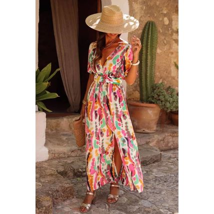 Pink Boho Tie-dye Print V Neck Maxi Dress