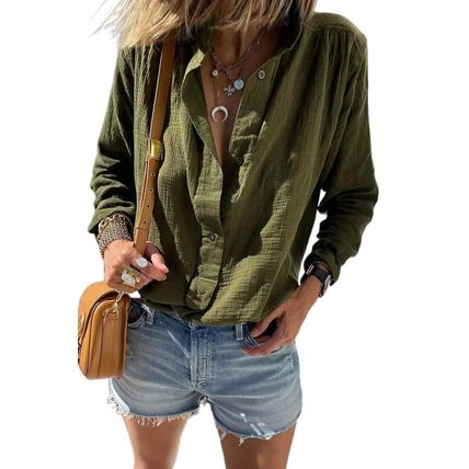 Jungle Green Crinkle Textured Button Up Long Sleeve Shirt