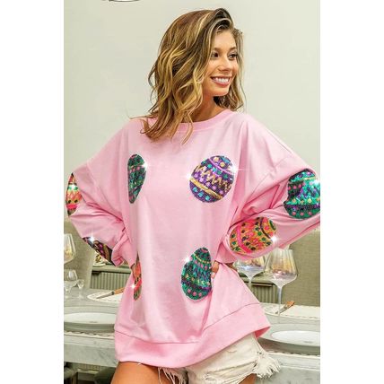 Pink Sequined Easter Egg Drop Shoulder Oversized Sweatshirt