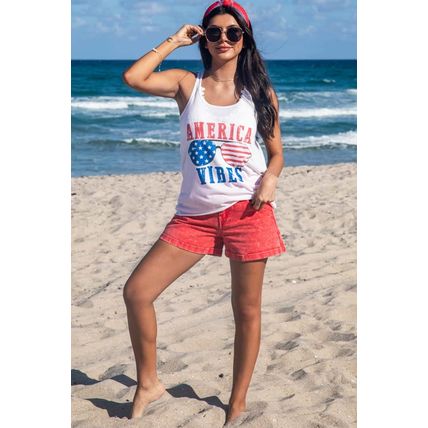 White AMERICA VIBES Sunglasses Graphic Print Racerback Tank Top