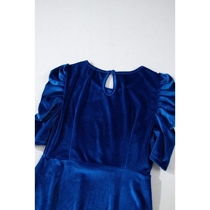 Sail Blue Velvet Ruched Short Sleeve Pocketed Mini Dress