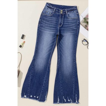 Sail Blue High Rise Dual Button Distressed Raw Hem Flared Jeans