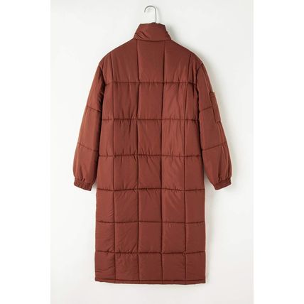 Coffee Quilted Puffer Stand Neck Zipped Mid-length Coat
