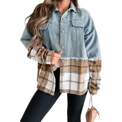 Khaki Plaid Patchwork Buttoned Oversized Denim Jacket