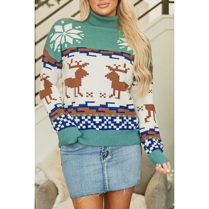 Canton Christmas Reindeer Snowflake Colorblock Turtleneck Sweater
