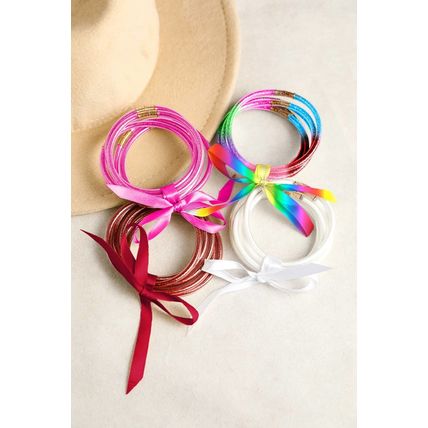 Pink 5pcs Glitter Jelly Bow Knot Ribbon Bracelet Set