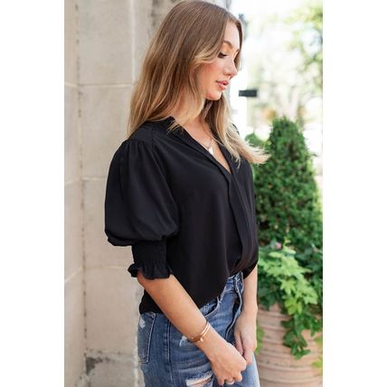 Black Solid Color Half Sleeve V Neck Blouse