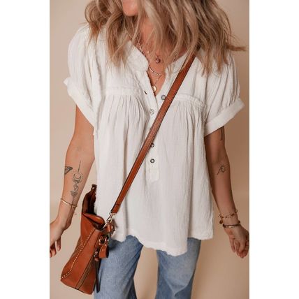 White Textured Short Sleeve Buttons Frayed Blouse