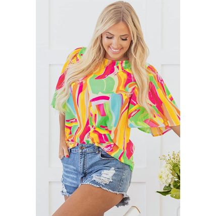 Multicolour Abstract Print Keyhole Back Pleated Half Sleeve Blouse