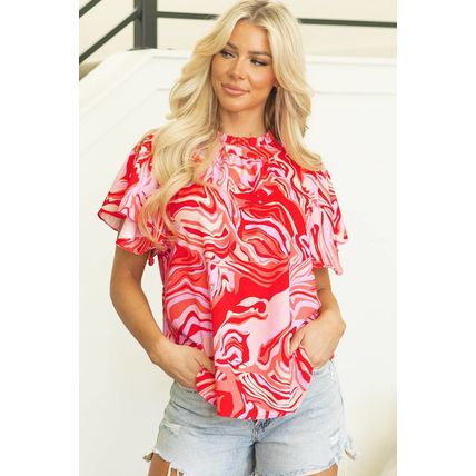 Red Abstract Print Ruffled Short Sleeve Mock Neck Blouse