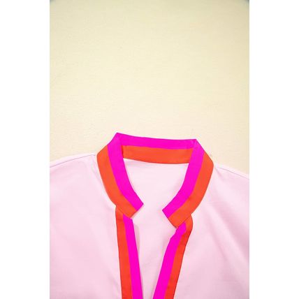 Pink Contrast Striped V Neck Collision Short Puff Sleeve Blouse