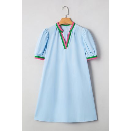 Myosotis Contrast Striped Notched V Neck Puff Sleeve Mini Dress
