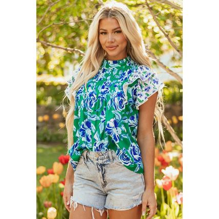 Green Floral Print Lace Trim Contrast Ruffle Sleeve Pleated Loose Blouse