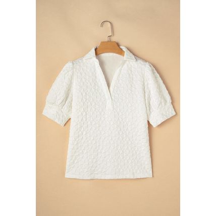 White Textured Puff Half Sleeve Collared V Neck Top