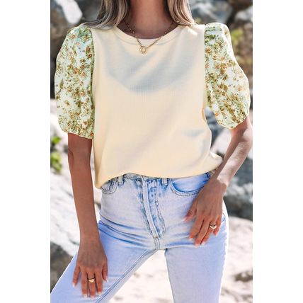 Beige Contrast Floral Bubble Sleeve Patchwork Ribbed Top