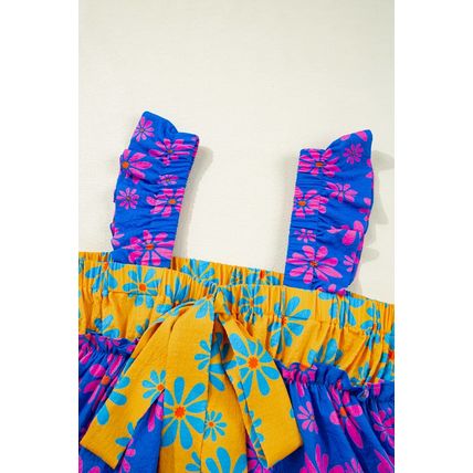 Blue Floral Colorblock Flutter Straps Flowy Tank Top