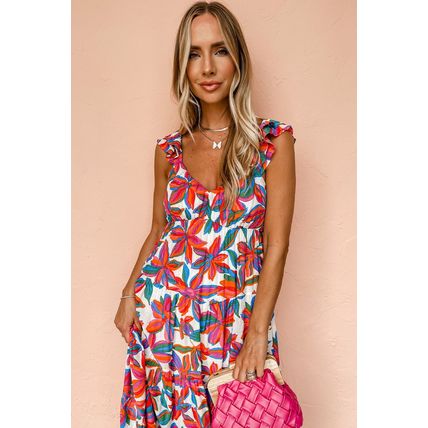 Red Boho Floral Ruffled Strap V Neck Maxi Dress