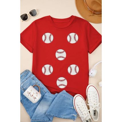Red Glittering Rugby Pattern Crew Neck Game Day T Shirt