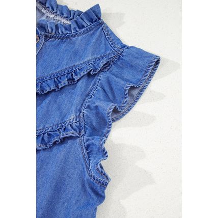 Sky Blue Mineral Wash Frilled Button Up Denim Shirt