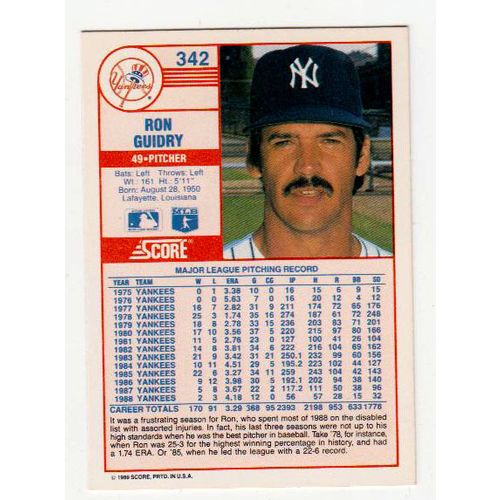 1989 Score Ron Guidry baseball card #342 – Yankees