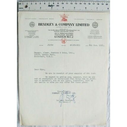1951 letter Bradley & Co., London re Galvanised Oval Baths
