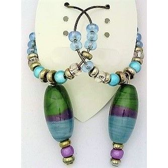 Blue Green Art Glass Bead Hoop Dangle Earrings